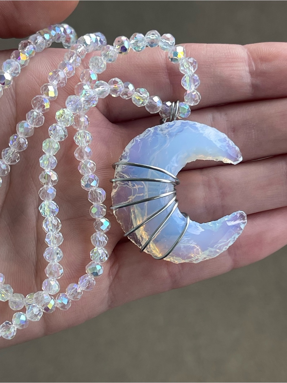 Iridescent Opalite Crescent Moon Necklace White AB Glass Beaded Chain